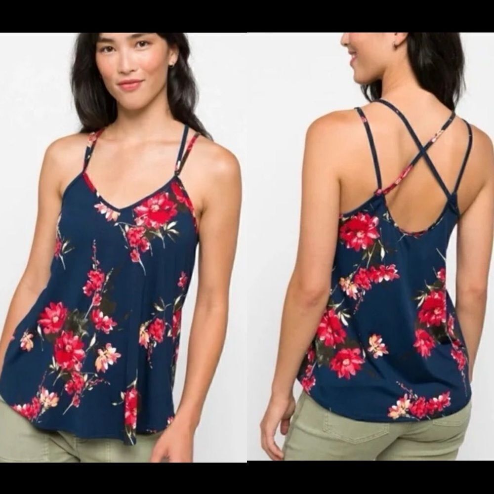 Papermoom Deep Blue Floral Lightweight Tank Top w/Strappy Back (Size: XS)
